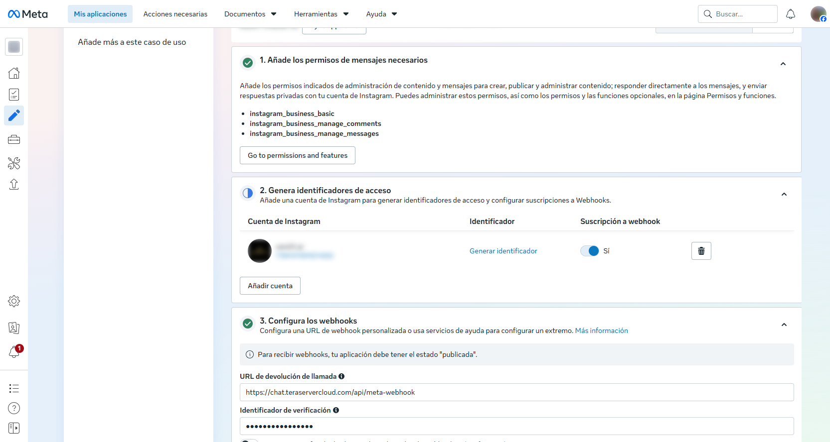 Configuración de la API de Instagram con la cuenta agregada y la suscripción activa