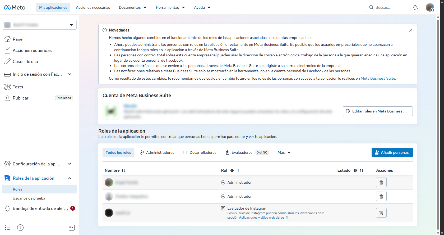 Listado de roles de la aplicación con la cuenta de Instagram como Evaluador de Instagram