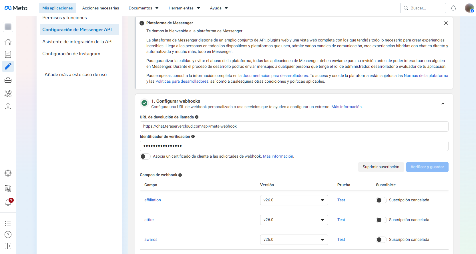 Configuración de Messenger API con la dirección de aviso verificada