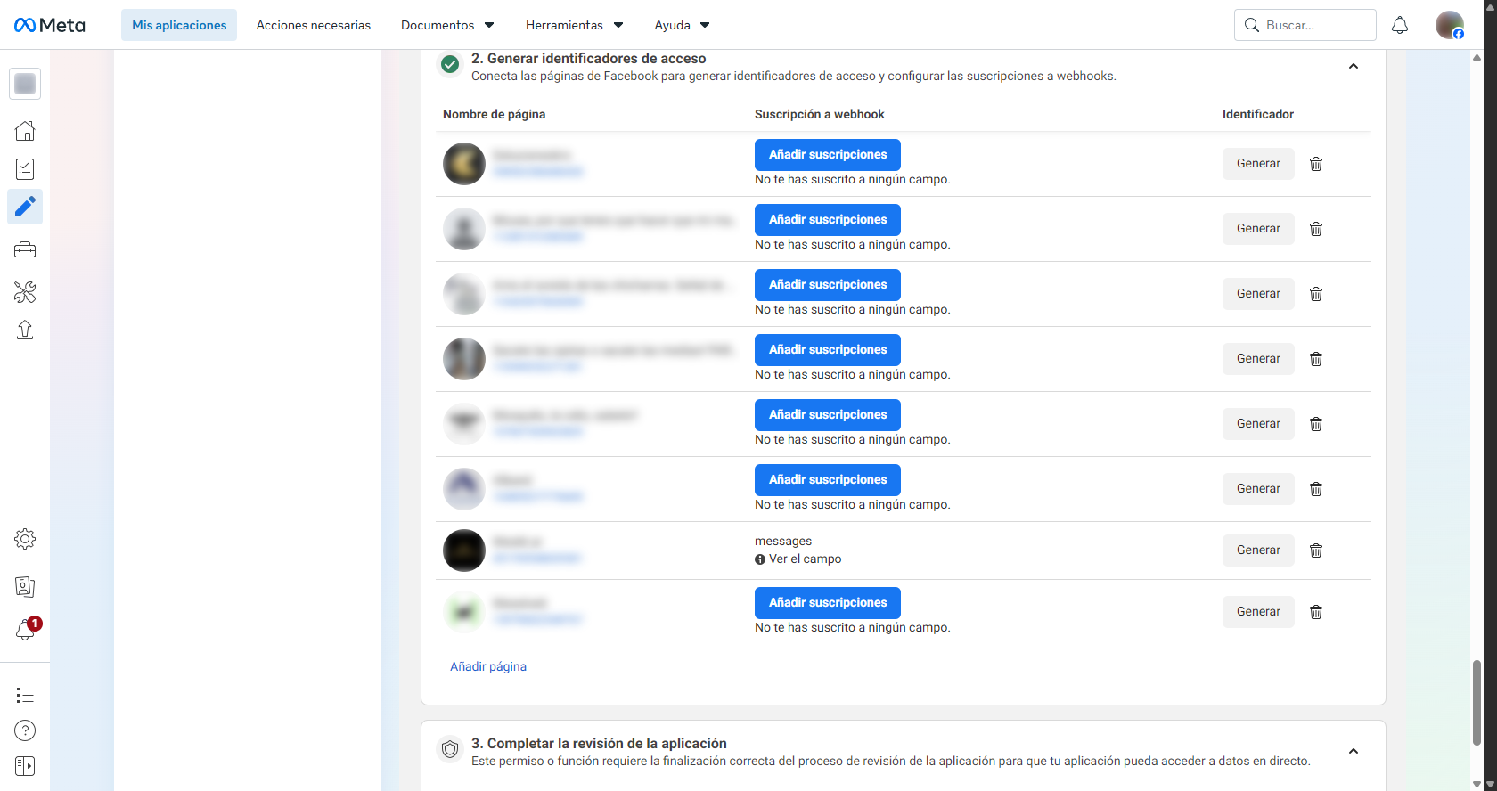 Listado de páginas de Facebook con la suscripción al campo messages