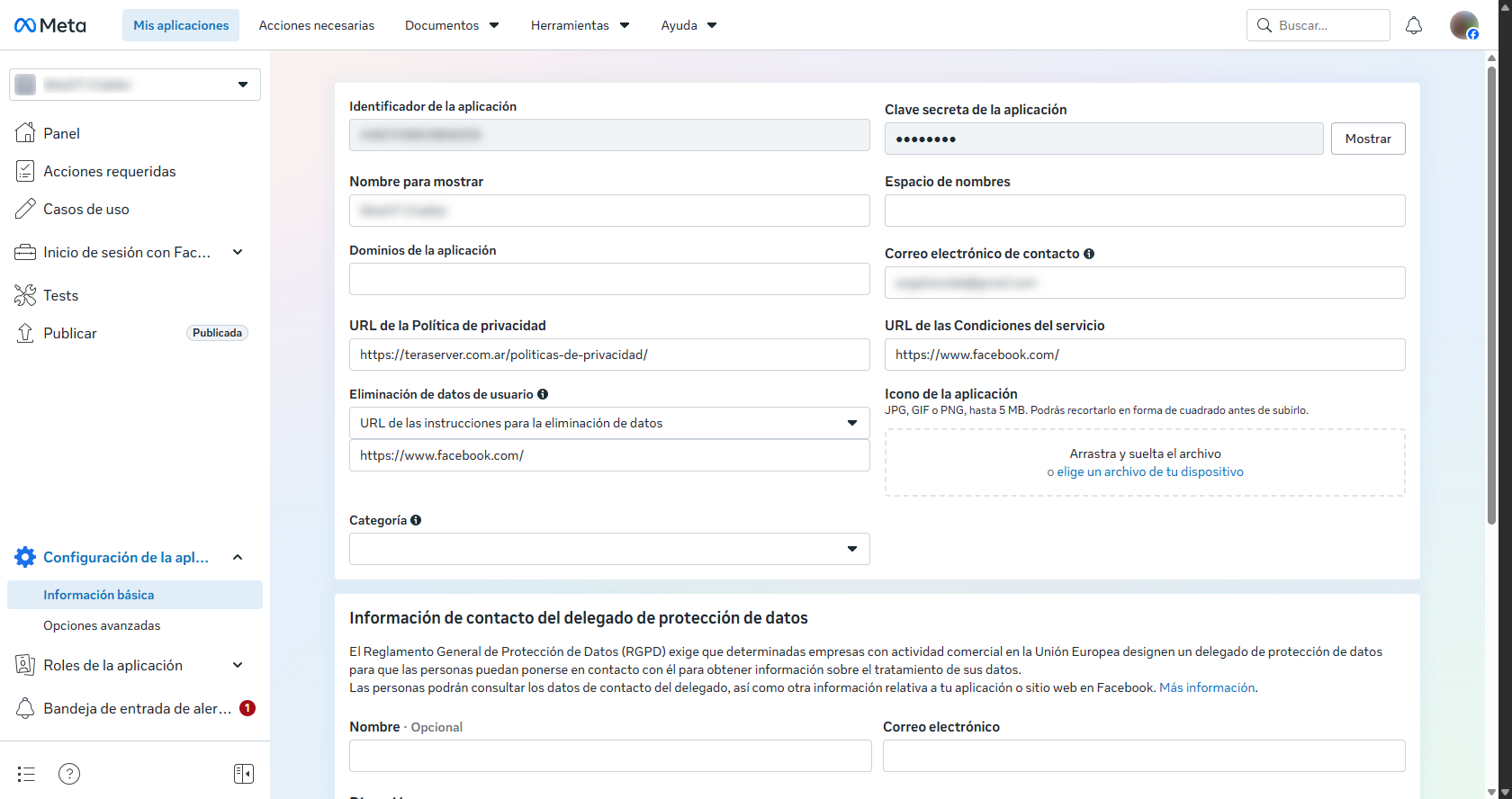 Información básica de la aplicación de Meta
