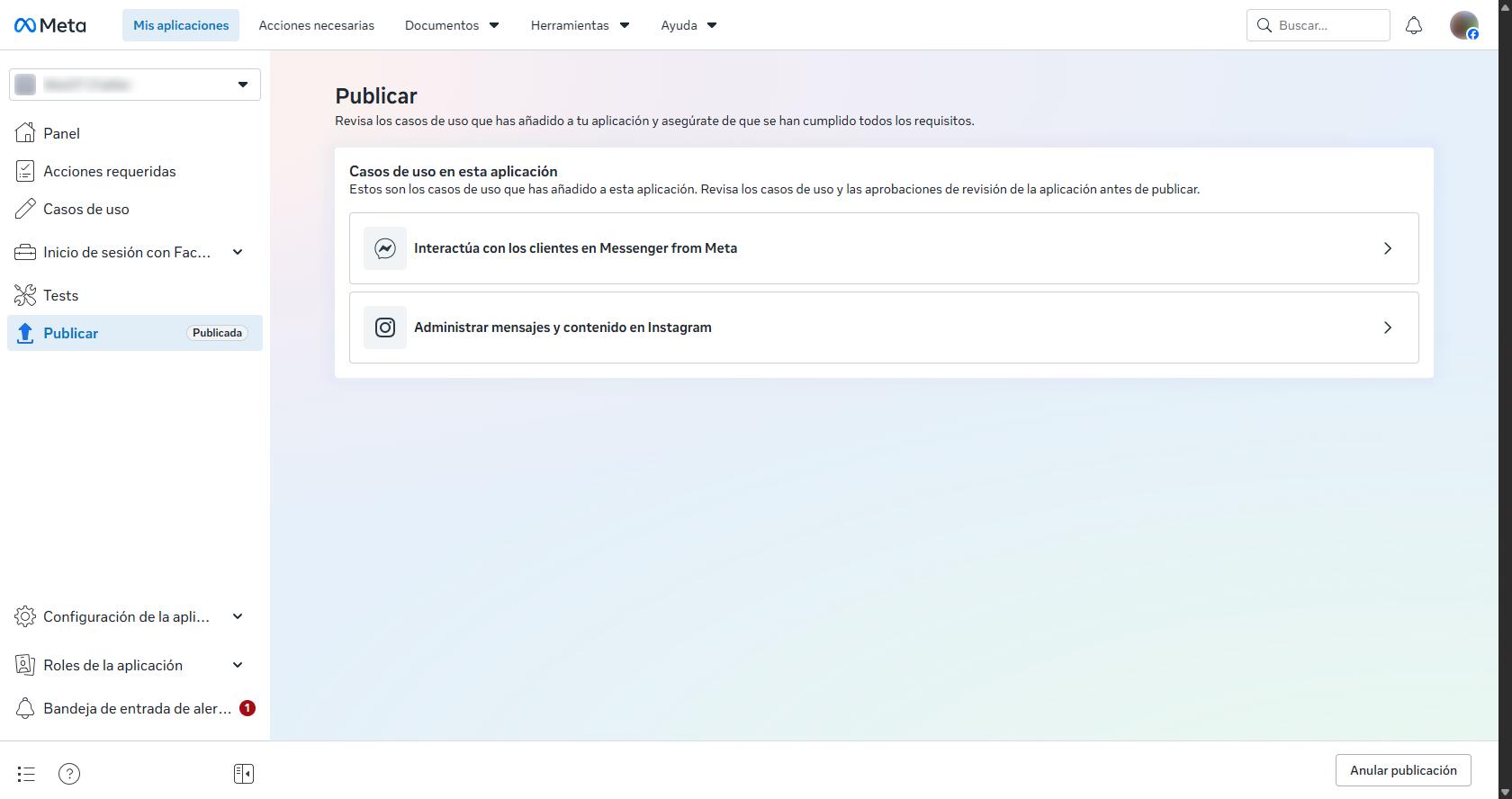 Pantalla de publicación de la aplicación de Meta