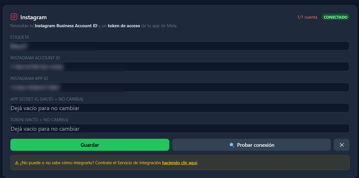Recuadro de Instagram en la sección Canales de Chatter, ya conectado