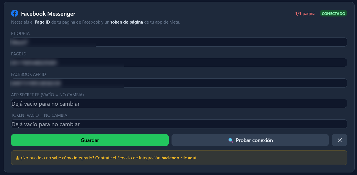 Recuadro de Facebook Messenger en la sección Canales de Chatter, ya conectado