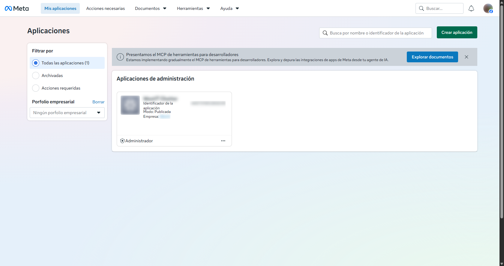 Listado Mis aplicaciones en el panel de desarrolladores de Meta con el botón Crear aplicación