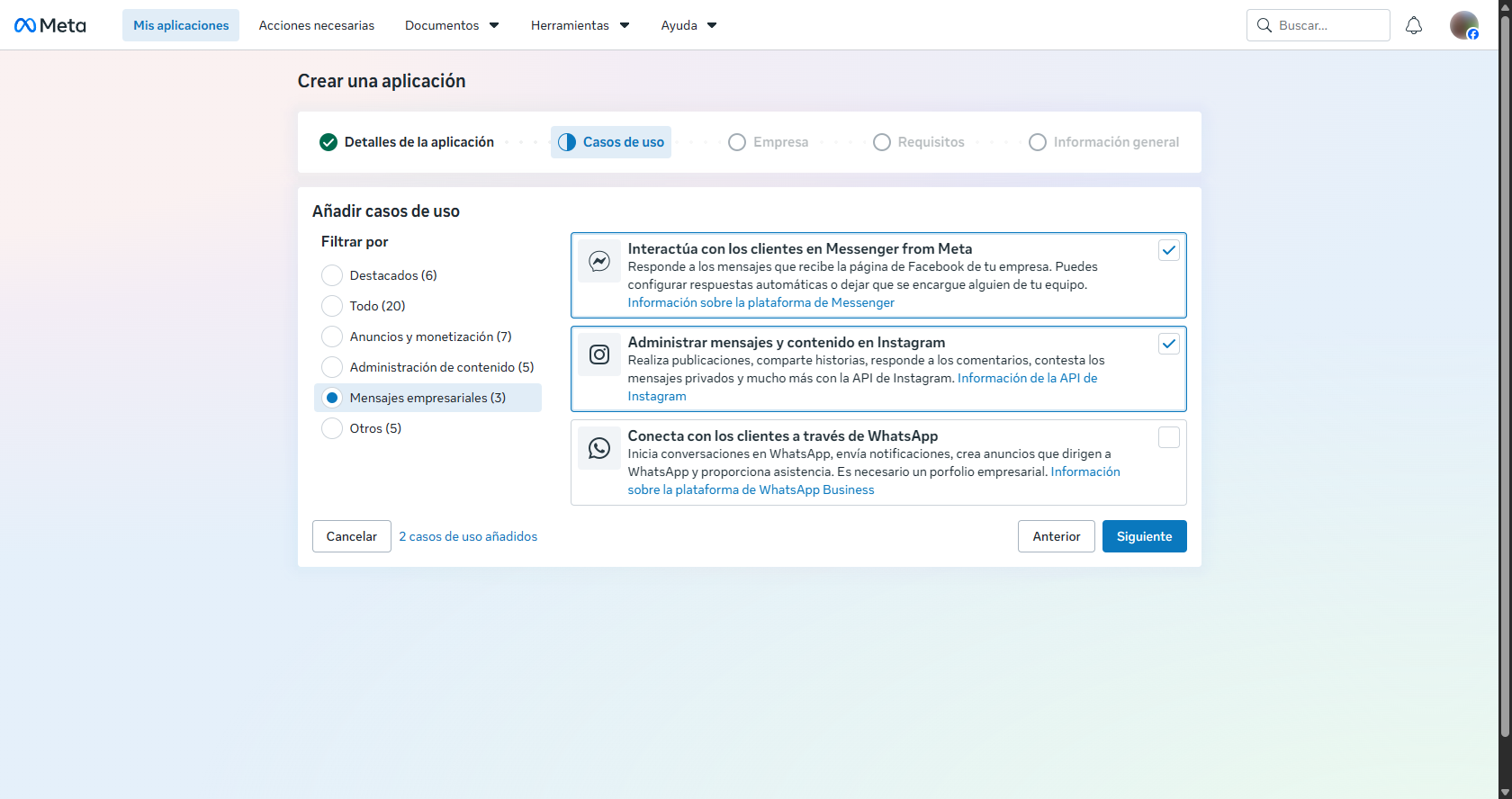 Selección de los casos de uso Messenger e Instagram en el asistente de Meta