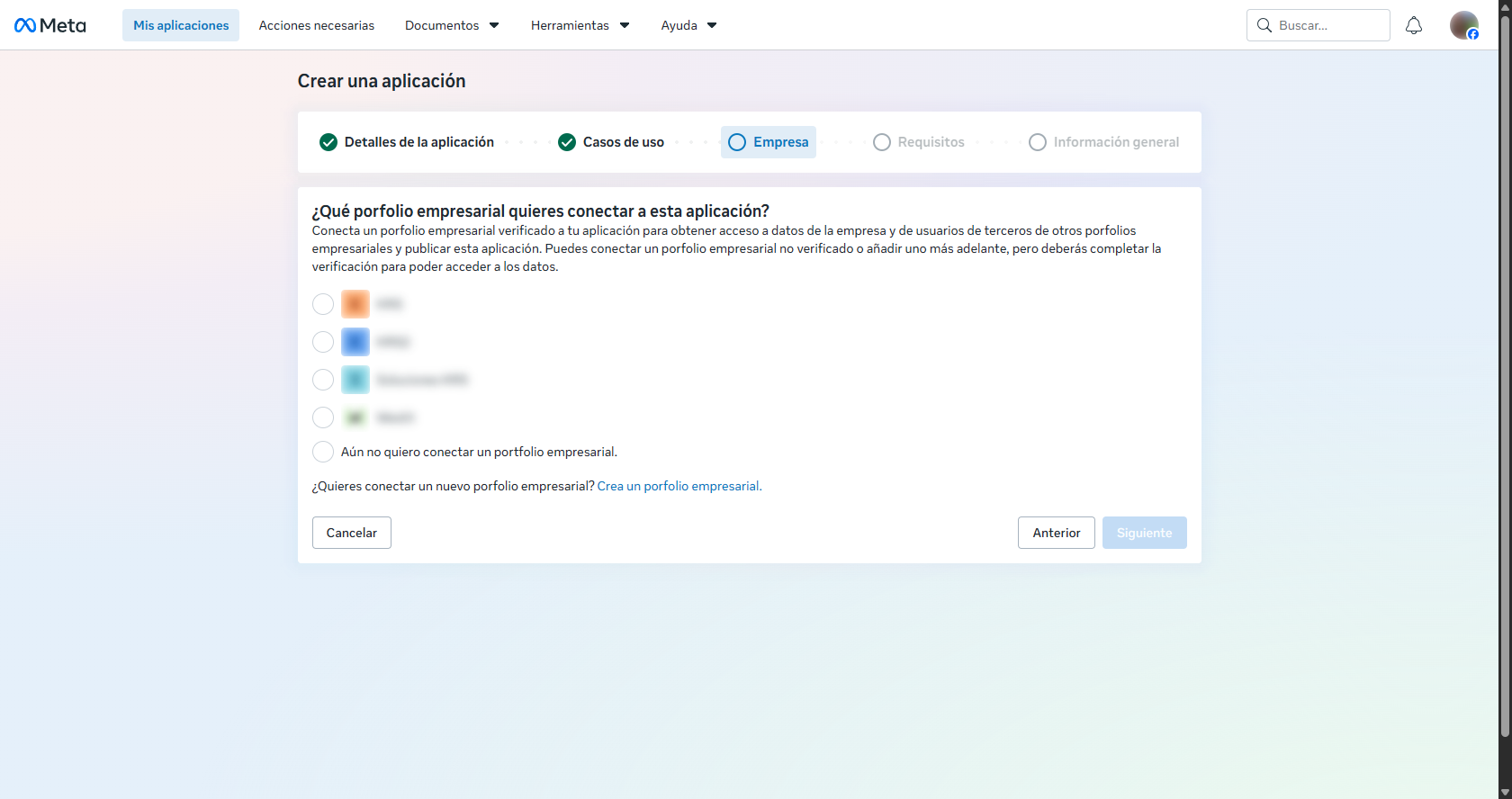 Pantalla de selección de portfolio empresarial