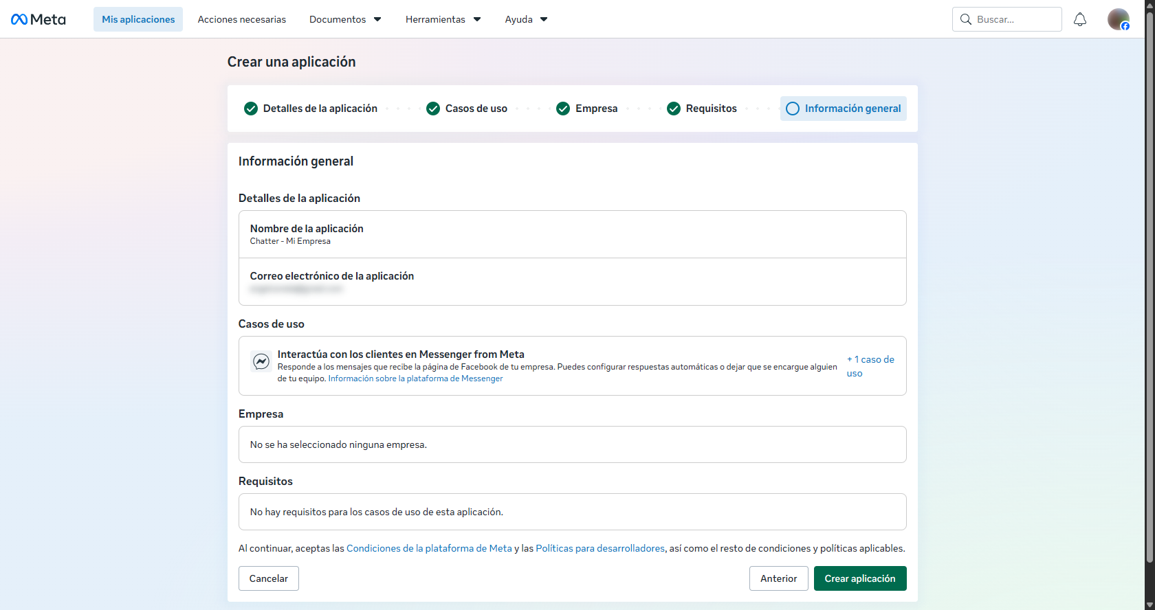 Resumen previo a crear la aplicación en Meta